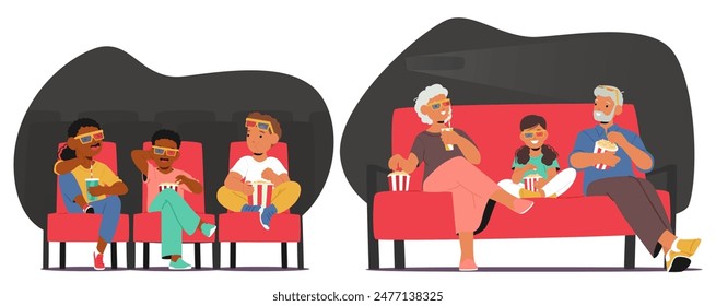 Children And Seniors Watching A 3d Movie In The Cinema. Characters Are Wearing 3d Glasses, Eating Popcorn, And Enjoying Their Time Together On Red Seats. Cartoon People Vector Illustration