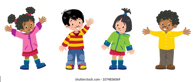 Children. Set of 4 Kids, smiling boys and girls