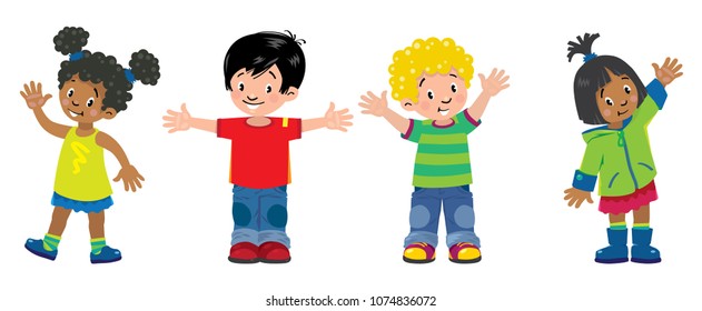 Children. Set of 4 Kids, smiling boys and girls
