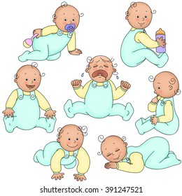 Children set with babies sitting, crying, smiling, crawling, with a pacifier, a bottle sitting. Vector cartoon character on a white background.
