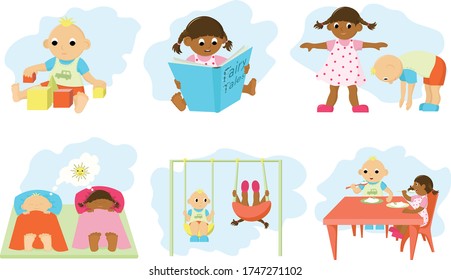 Children set of a boy and a girl. Preschoolers, six vector illustration. Different kids activities. Childhood concept.