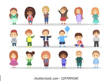 Children set. Girl and boy standing and smiling. Group of kids in different position. Vector illustration in cartoon style