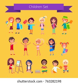 Children set isolated vector illustration on light orange background with inscription. Kids engaging in different school activities