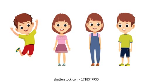 Children Set .Set Of  Kids Characters Standing Up Straight In Various Poses. Boy Jumping.