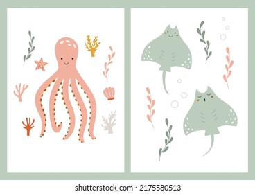 Children set posters with octopuses and stingrays. Vector illustration of flat with animal characters