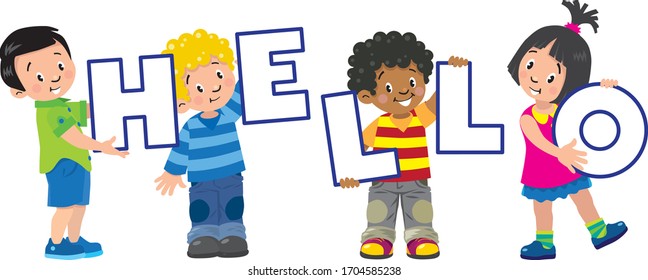 Children set. Smiling five kids with letters HELLO