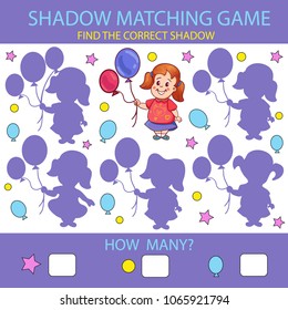 Children shadow matching game. Find the correct shadow little girl with balloons. Funny riddle entertainment. Activity page for baby. Kids count game. Birthday decor. Vector illustration.