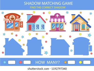 Children shadow and matching game. Find the correct shadow cartoon houses and stores. Funny riddle entertainment. Activity page for child. Kids count game. Birthday decor. Vector illustration.