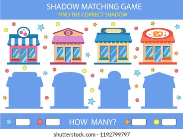 Children shadow and matching game. Find the correct shadow cartoon shops. Funny riddle entertainment. Activity page for child. Kids count game. Birthday decor. Vector illustration.