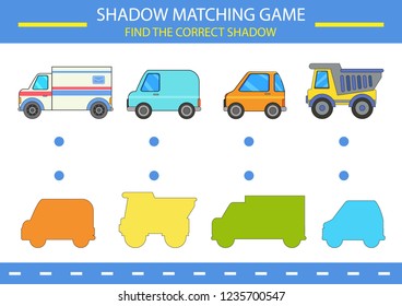 Children shadow matching game. Find the correct shadow different cars set. Find matching silhouettes. Funny riddle entertainment. Activity page for children. Kids art game. Vector illustration.