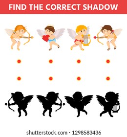 Children shadow matching game. Find the correct shadow cupid set. Funny riddle entertainment. Activity page for children. Kids educational game.  Vector illustration