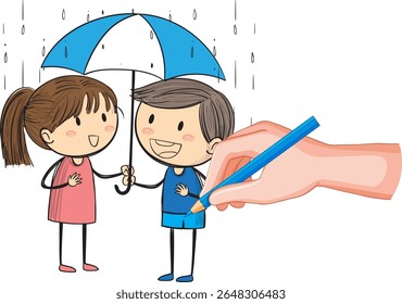 Children sharing an umbrella in the rain