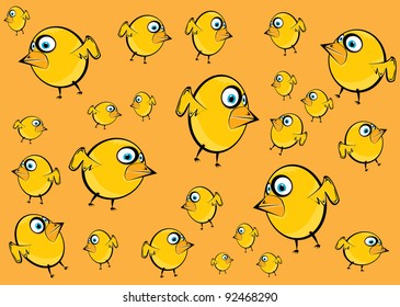 children shiny orange background with cartoon yellow chicken. Vector illustration.
