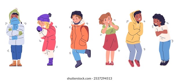 Children shiver. Shivering kids with cold or fear, trembling boy scared girl freezing shaking child in warm clothes winter snow weather, cartoon cute kid classy vector illustration original artwork