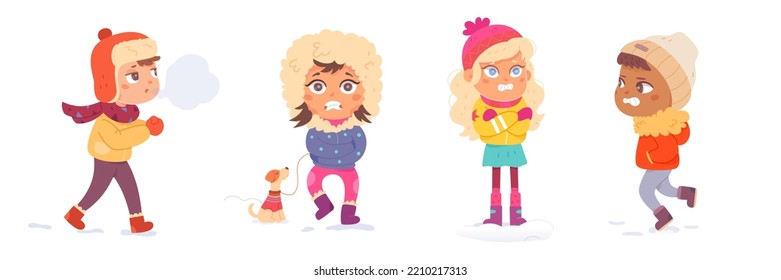 Children shivering from winter cold set vector illustration. Cartoon kids wearing warm coats, hat, mittens and boots freezing outdoors, sad girls and boys with seasonal problem isolated on white