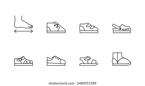 Children shoes, icons - sandals, sneakers, clogs, infant booties, boots. Season or orthopedic shoes for baby and toddlers. Editable stroke, linear illustration.