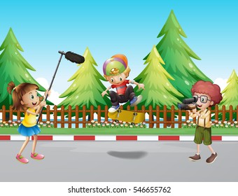Children shooting boy playing skateboard illustration