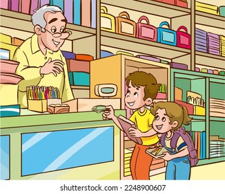 children shopping for school from stationery cartoon vector