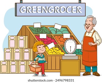 Children shopping at the stall of a grocery store or marketplace.Man selling food products at the local farmers market.Vector cartoon illustration