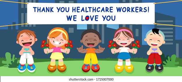 Children show gratitude to Doctors, Nurses and Medical personnel team working in the hospitals and fighting the coronavirus(COVID-19), Vector illustration for your design