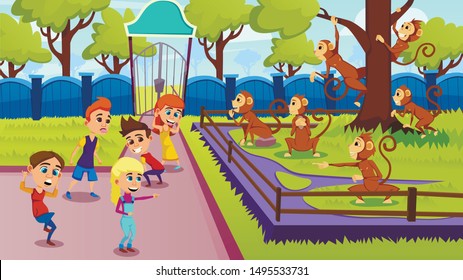 Children Show Grimaces to Monkeys. Curious Monkeys in Aviary. Animals in Aviary. Vector illustration. Excursion to Zoo. Informative Day. Animals in Captivity. Laughing Children and Surprised Monkey.