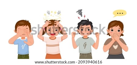 Children showing different negative emotions, feelings, facial expressions, hand gestures and body languages such as hand cover eyes, no stop refusal sign, stress, screaming angry, hand cover mouth