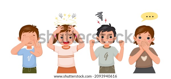 Children showing different negative emotions,\
feelings, facial expressions, hand gestures and body languages such\
as hand cover eyes, no stop refusal sign, stress, screaming angry,\
hand cover mouth