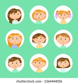 Children showing emotion vector, schoolboy and schoolgirl in circled frames. People with smile on face, kids boys and girls set isolated on green