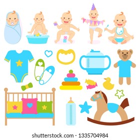 Children showing emotions vector, clothes for boy, pins with hearts, plush bear and horse with wooden stand. Duck and clothing, crib and milk bottle