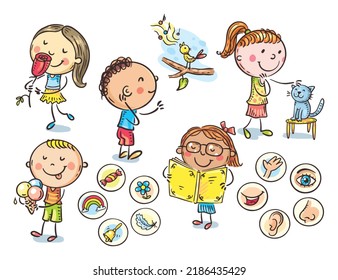 Children showing five senses: smell, hear, sight, taste, touch