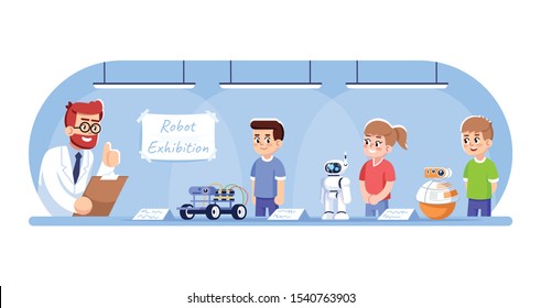 Children showing their robots on exhibition flat vector illustration. Robotics courses for kids. After school club. Boys and girls with androids, teacher approving cartoon characters