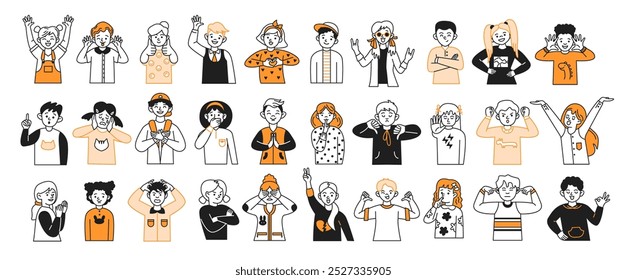 Children showing various emotions and gestures color linear icons set. Capturing essence of childhood through body language on white background