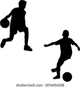 children silhouette of a football and basketball players