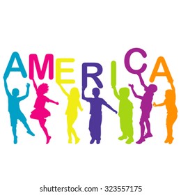 Children silhouette holding letters building the word AMERICA