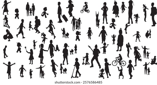 Children silhouette, kid vector set, boy, girl, kids standing, playing, walking