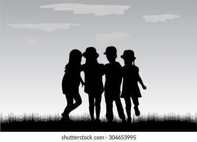 Children silhouette in nature .