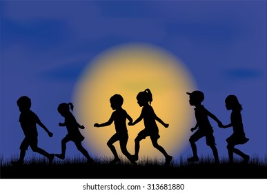Children silhouette in nature .