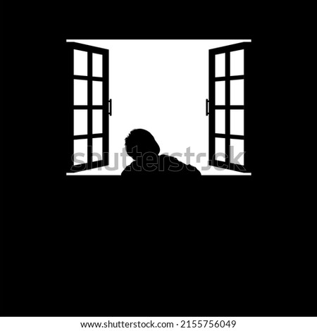 Children Silhouette on the Window. Vector Illustration