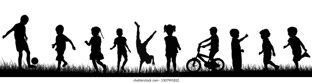 Children silhouette playing in the park, vector illustration