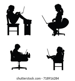 children silhouette sitting on chair with laptop set illustration