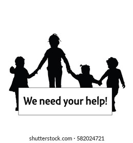 children silhouette with transparent need help illustration in black