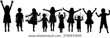 Children silhouette vector illustration, group of boys and girls in playful poses showing joy, energy, dancing and jumping concept design