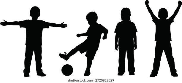 Crianças silhueta vetor ilustração conjunto com jogador de futebol e poses diferentes, perfeito para atividades infantis, jogo ao ar livre, infância, diversão e projetos de educação.