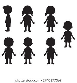 Children silhouette vector illustration set featuring boys and girls in different standing poses. Black flat silhouettes isolated on white background in minimal modern style. Cute kids collection perfect for education content, presentations, UI design, posters, parenting projects, nursery graphics, and digital illustration.