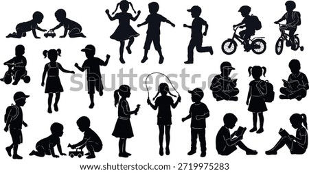 Children silhouette vector set, kids playing, reading, walking, cycling, skipping rope, school activity, childhood fun, outdoor movement, education
