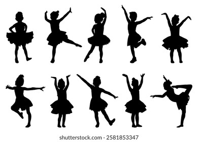 Children silhouettes. Ballet dancing little girls set, vector illustration.	