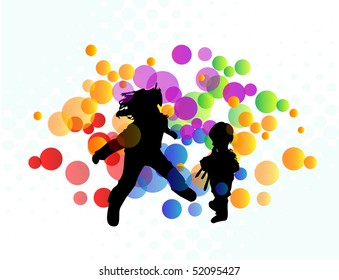 Children silhouettes in colorful background, vector