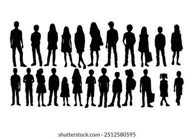 Children Silhouettes in Different Poses Vector Set.