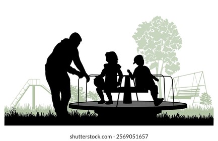 Children silhouettes. Father with son and daughter playing on merry-go-round. Vector illustration.	