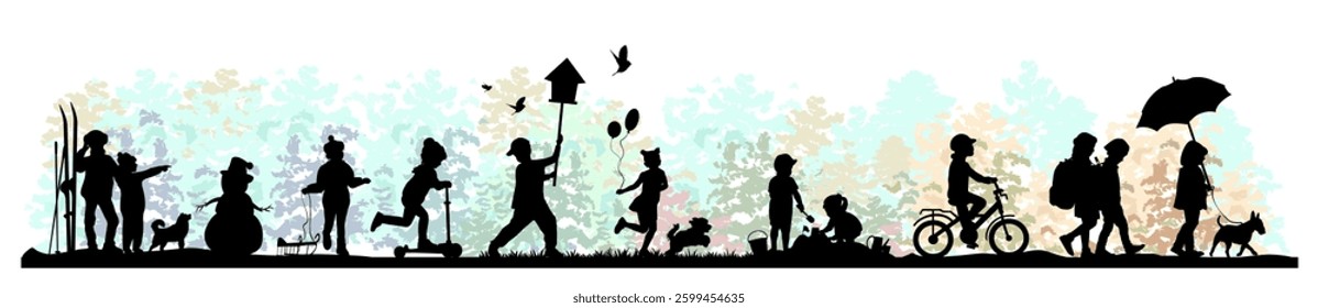 Children silhouettes in four seasons on white background. Little boys and girls playing outdoor. Vector illustration.	
